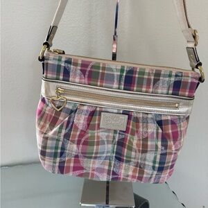 COACH Poppy Daisy Madras Signature Crossbody Bag Pink Plaid with Gold
